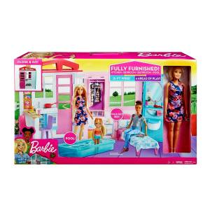 Barbie Doll and Dollhouse Portable 1-Story Playset with Pool -FXG55